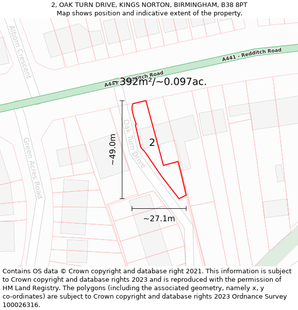 2, OAK TURN DRIVE, KINGS NORTON, BIRMINGHAM, B38 8PT: Plot and title map