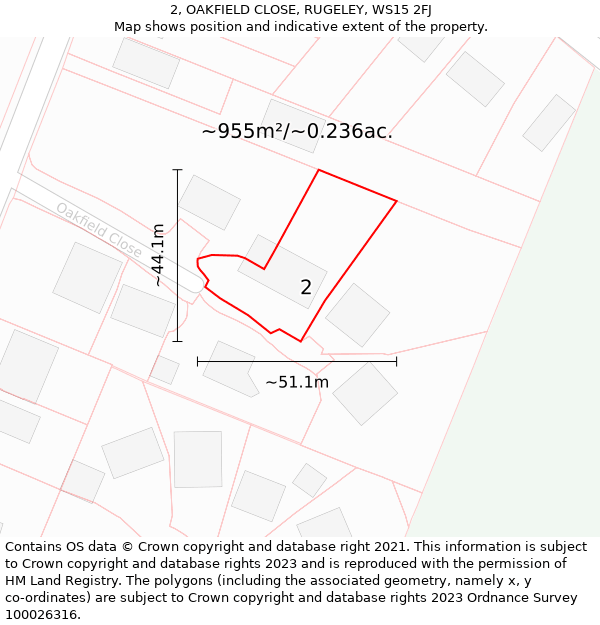 2, OAKFIELD CLOSE, RUGELEY, WS15 2FJ: Plot and title map