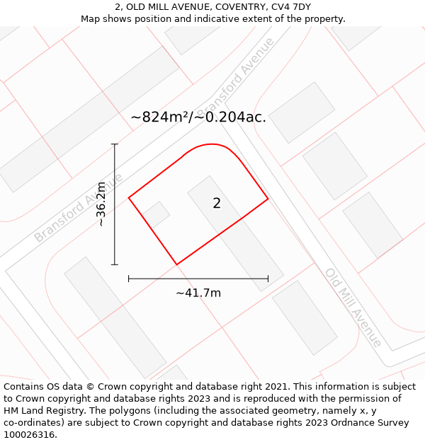 2, OLD MILL AVENUE, COVENTRY, CV4 7DY: Plot and title map