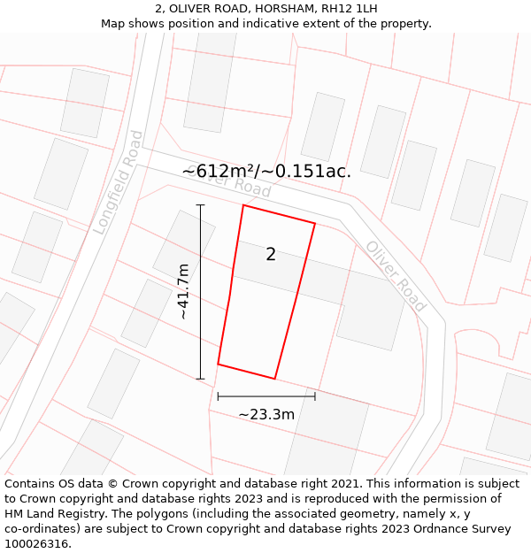 2, OLIVER ROAD, HORSHAM, RH12 1LH: Plot and title map