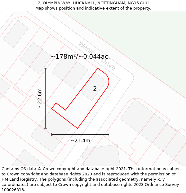 2, OLYMPIA WAY, HUCKNALL, NOTTINGHAM, NG15 8HU: Plot and title map