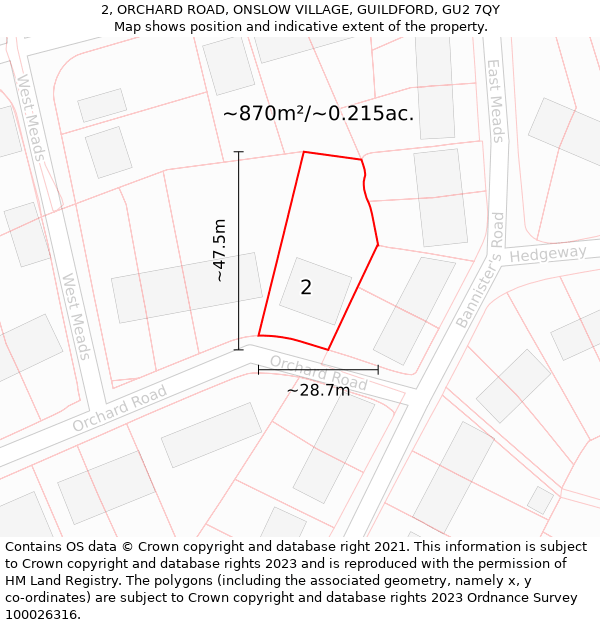 2, ORCHARD ROAD, ONSLOW VILLAGE, GUILDFORD, GU2 7QY: Plot and title map