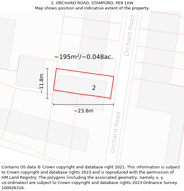 2, ORCHARD ROAD, STAMFORD, PE9 1AW: Plot and title map