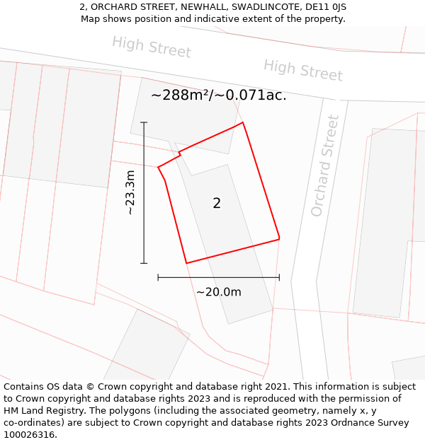 2, ORCHARD STREET, NEWHALL, SWADLINCOTE, DE11 0JS: Plot and title map