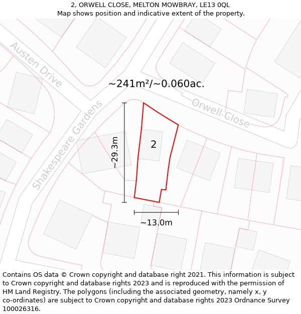 2, ORWELL CLOSE, MELTON MOWBRAY, LE13 0QL: Plot and title map