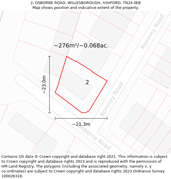 2, OSBORNE ROAD, WILLESBOROUGH, ASHFORD, TN24 0EB: Plot and title map