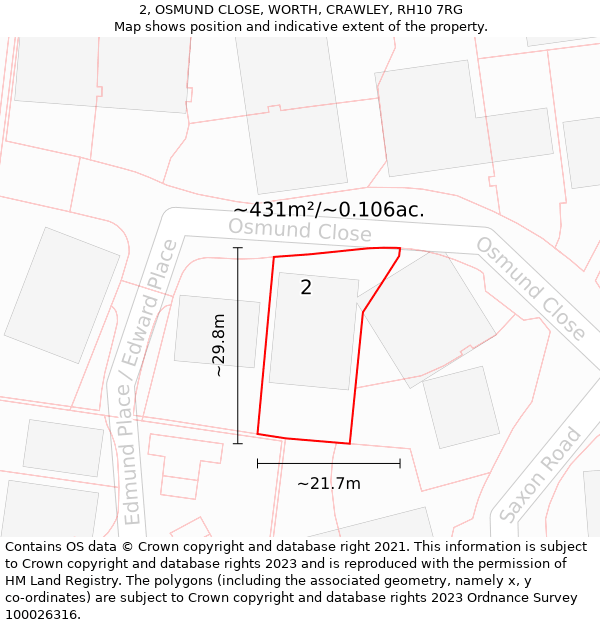 2, OSMUND CLOSE, WORTH, CRAWLEY, RH10 7RG: Plot and title map