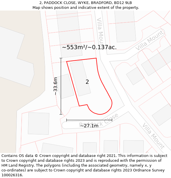 2, PADDOCK CLOSE, WYKE, BRADFORD, BD12 9LB: Plot and title map