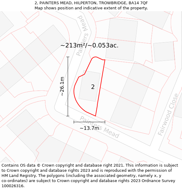 2, PAINTERS MEAD, HILPERTON, TROWBRIDGE, BA14 7QF: Plot and title map