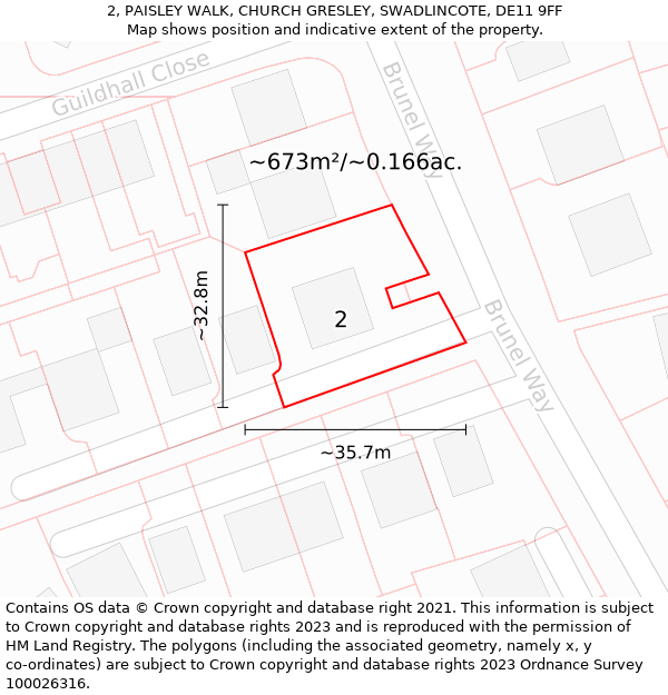 2, PAISLEY WALK, CHURCH GRESLEY, SWADLINCOTE, DE11 9FF: Plot and title map