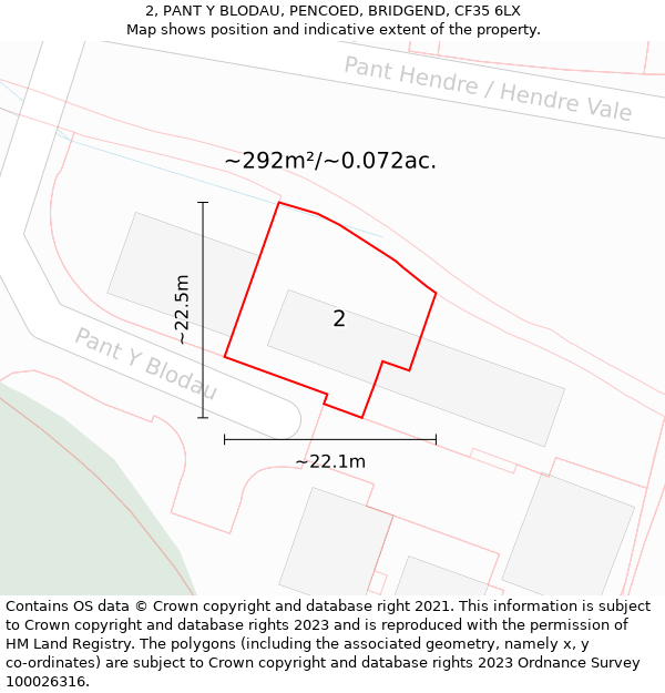 2, PANT Y BLODAU, PENCOED, BRIDGEND, CF35 6LX: Plot and title map