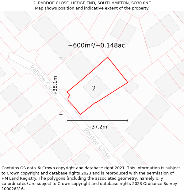 2, PARDOE CLOSE, HEDGE END, SOUTHAMPTON, SO30 0NE: Plot and title map