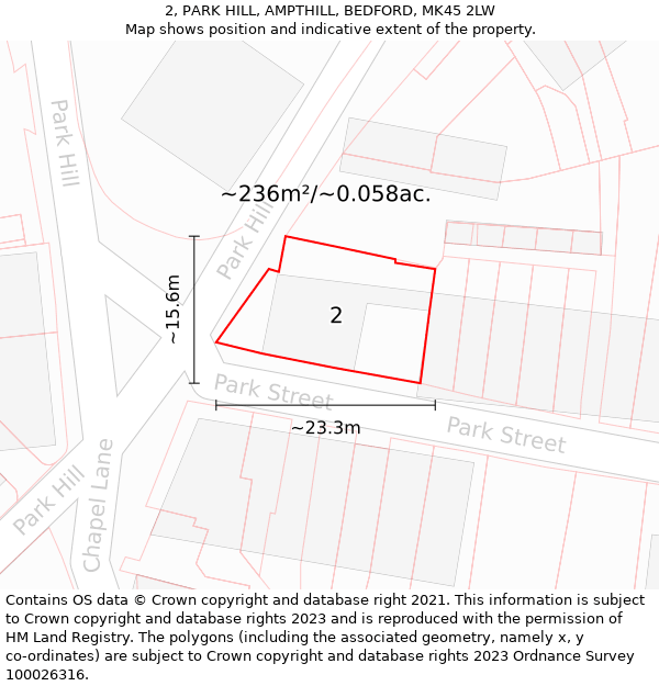 2, PARK HILL, AMPTHILL, BEDFORD, MK45 2LW: Plot and title map