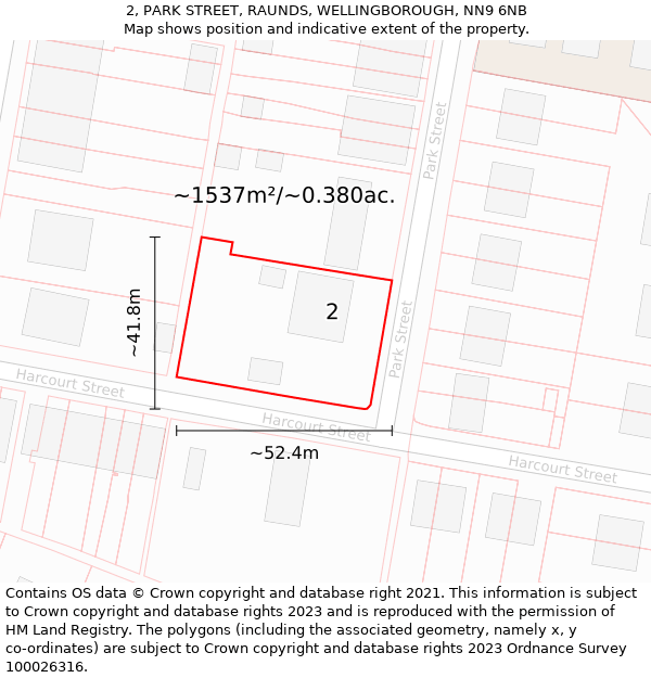 2, PARK STREET, RAUNDS, WELLINGBOROUGH, NN9 6NB: Plot and title map