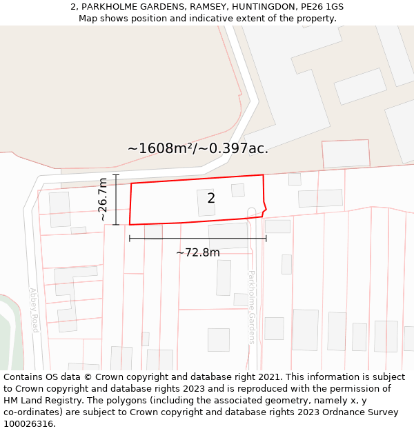 2, PARKHOLME GARDENS, RAMSEY, HUNTINGDON, PE26 1GS: Plot and title map