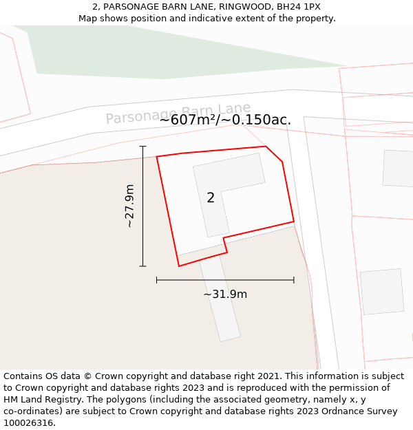 2, PARSONAGE BARN LANE, RINGWOOD, BH24 1PX: Plot and title map