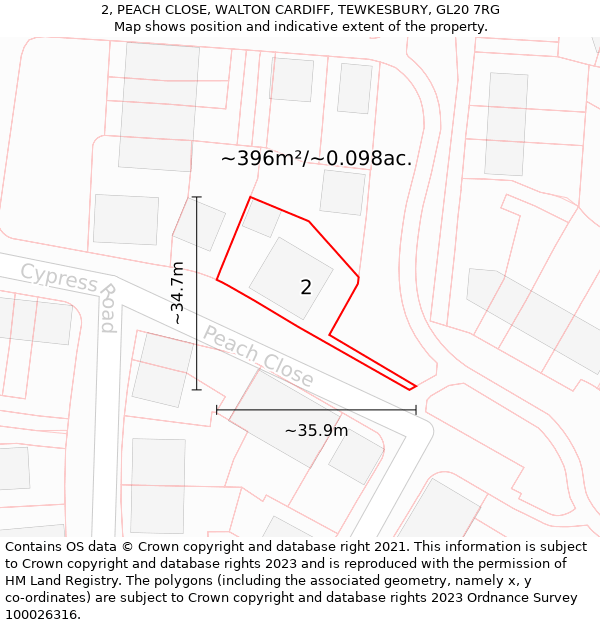 2, PEACH CLOSE, WALTON CARDIFF, TEWKESBURY, GL20 7RG: Plot and title map