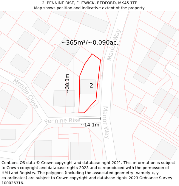 2, PENNINE RISE, FLITWICK, BEDFORD, MK45 1TP: Plot and title map