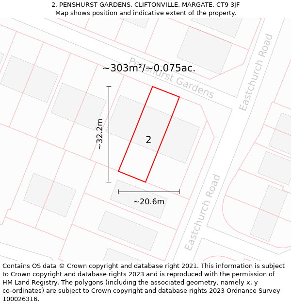 2, PENSHURST GARDENS, CLIFTONVILLE, MARGATE, CT9 3JF: Plot and title map