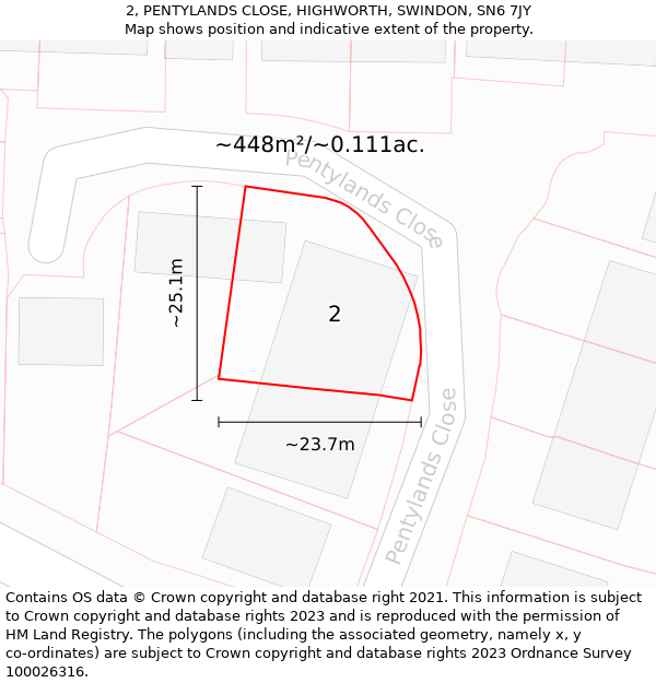 2, PENTYLANDS CLOSE, HIGHWORTH, SWINDON, SN6 7JY: Plot and title map