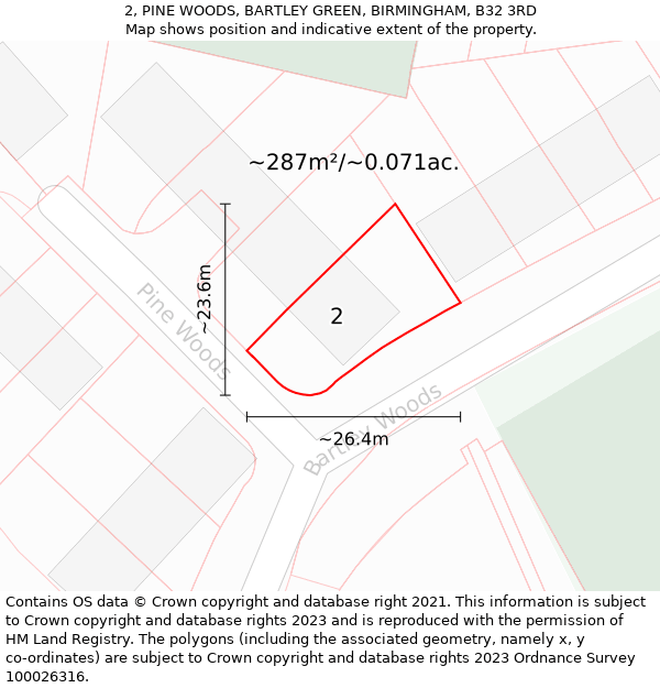 2, PINE WOODS, BARTLEY GREEN, BIRMINGHAM, B32 3RD: Plot and title map