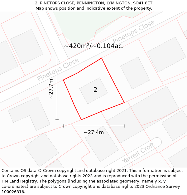 2, PINETOPS CLOSE, PENNINGTON, LYMINGTON, SO41 8ET: Plot and title map