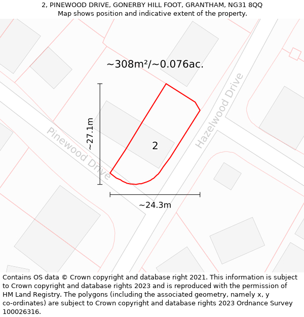 2, PINEWOOD DRIVE, GONERBY HILL FOOT, GRANTHAM, NG31 8QQ: Plot and title map