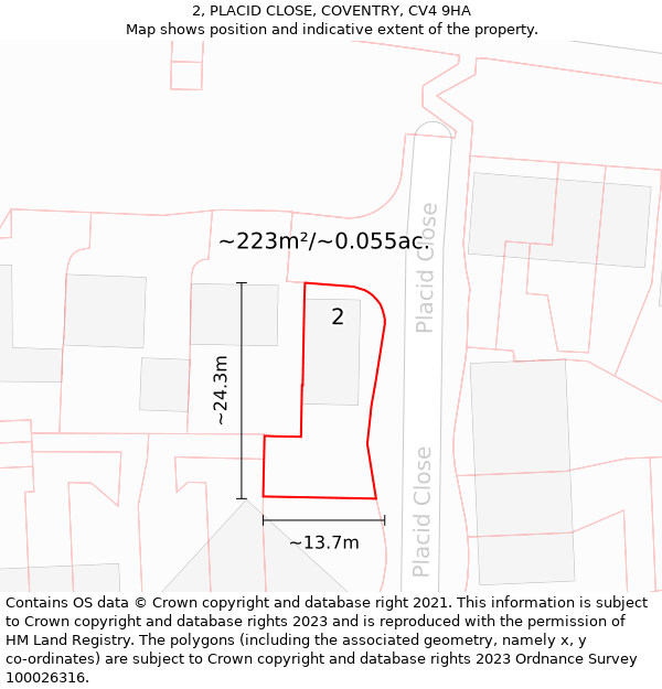 2, PLACID CLOSE, COVENTRY, CV4 9HA: Plot and title map