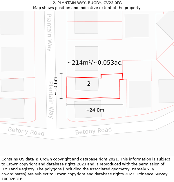 2, PLANTAIN WAY, RUGBY, CV23 0FG: Plot and title map