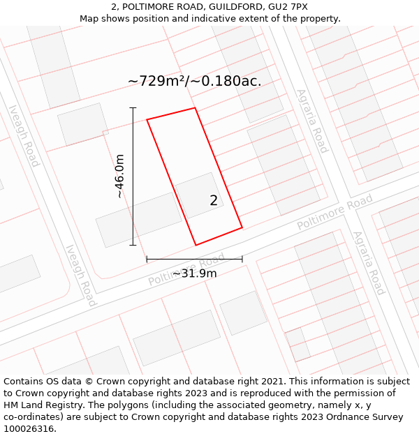 2, POLTIMORE ROAD, GUILDFORD, GU2 7PX: Plot and title map