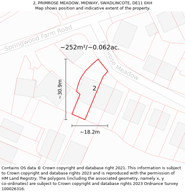 2, PRIMROSE MEADOW, MIDWAY, SWADLINCOTE, DE11 0XH: Plot and title map