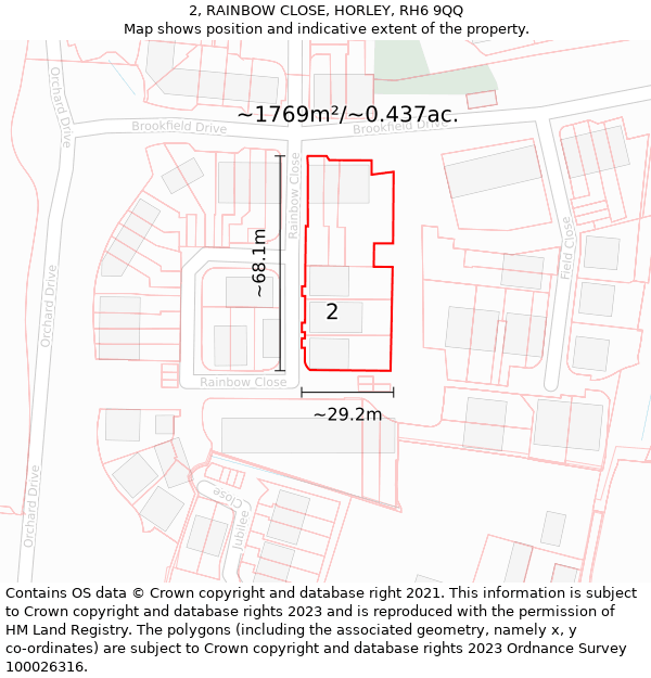 2, RAINBOW CLOSE, HORLEY, RH6 9QQ: Plot and title map