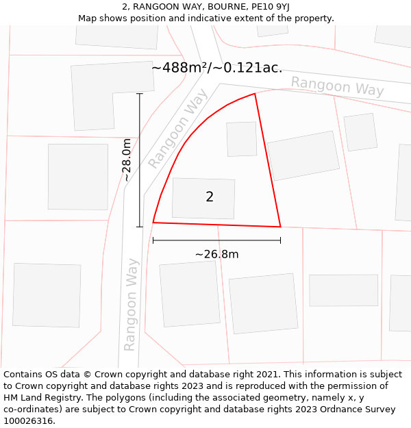 2, RANGOON WAY, BOURNE, PE10 9YJ: Plot and title map