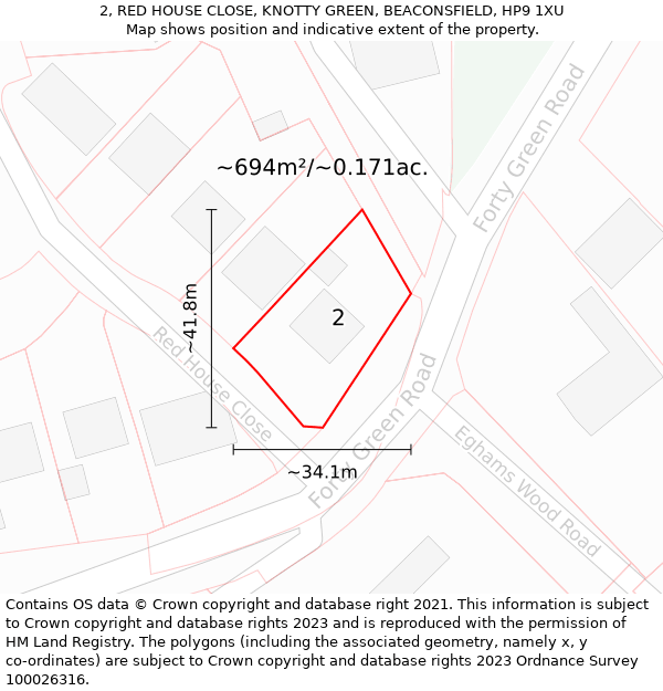 2, RED HOUSE CLOSE, KNOTTY GREEN, BEACONSFIELD, HP9 1XU: Plot and title map