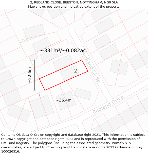 2, REDLAND CLOSE, BEESTON, NOTTINGHAM, NG9 5LA: Plot and title map