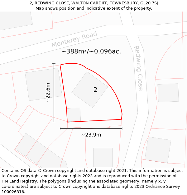 2, REDWING CLOSE, WALTON CARDIFF, TEWKESBURY, GL20 7SJ: Plot and title map