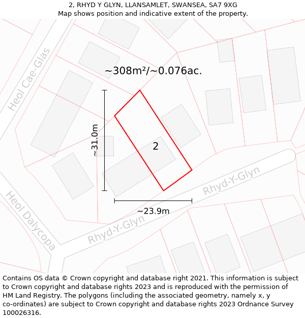 2, RHYD Y GLYN, LLANSAMLET, SWANSEA, SA7 9XG: Plot and title map