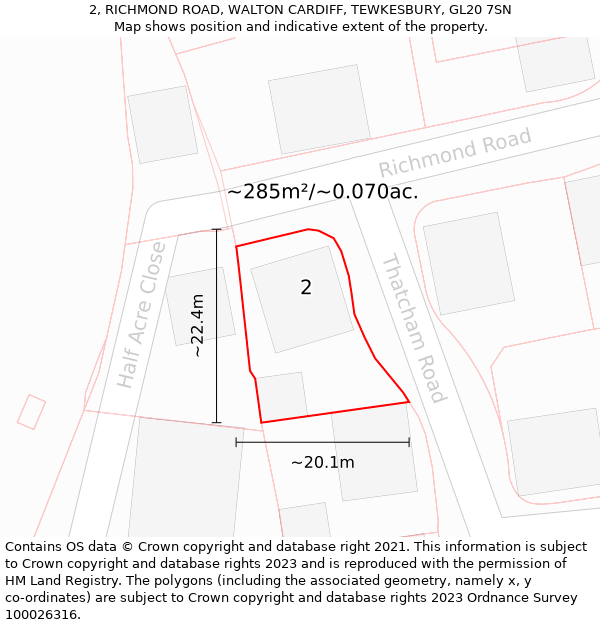 2, RICHMOND ROAD, WALTON CARDIFF, TEWKESBURY, GL20 7SN: Plot and title map