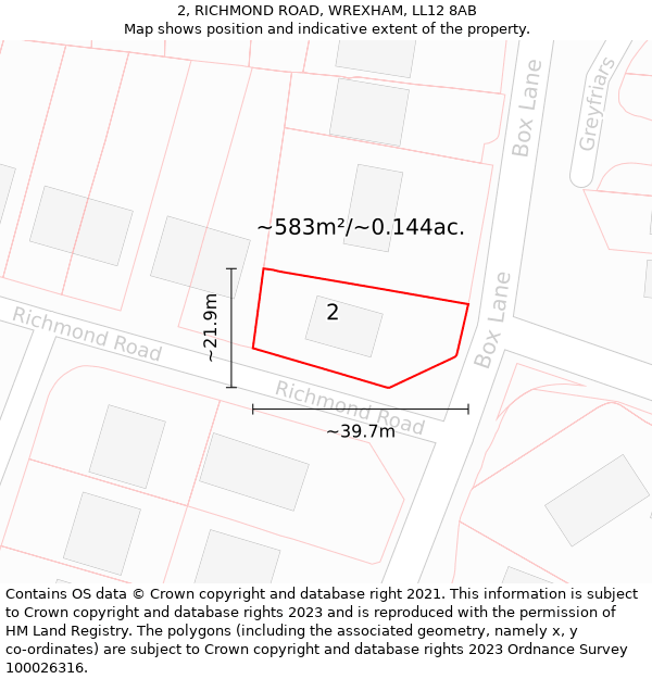 2, RICHMOND ROAD, WREXHAM, LL12 8AB: Plot and title map