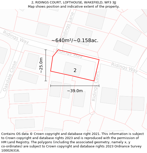 2, RIDINGS COURT, LOFTHOUSE, WAKEFIELD, WF3 3JJ: Plot and title map