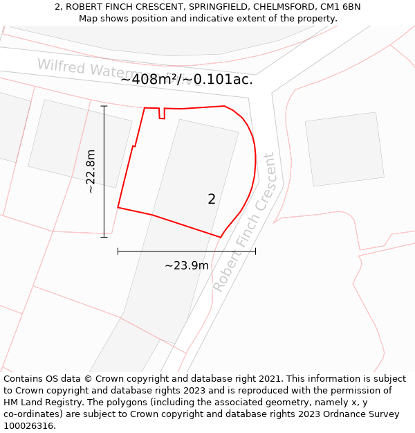 2, ROBERT FINCH CRESCENT, SPRINGFIELD, CHELMSFORD, CM1 6BN: Plot and title map