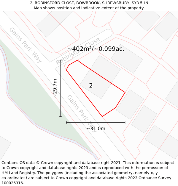 2, ROBINSFORD CLOSE, BOWBROOK, SHREWSBURY, SY3 5HN: Plot and title map