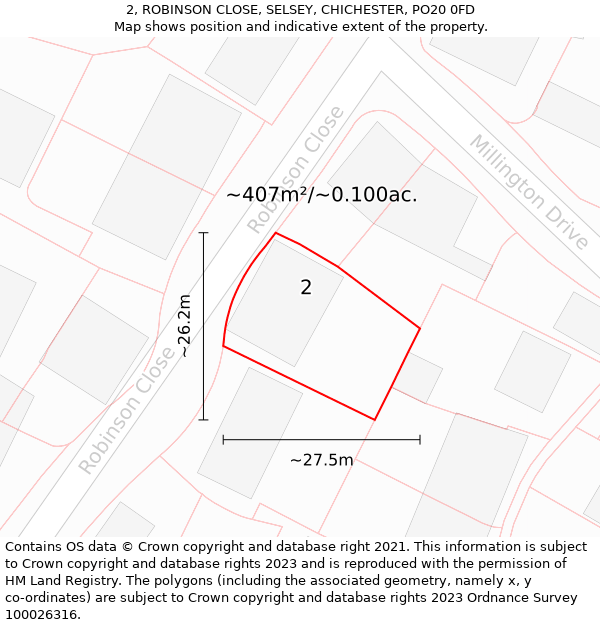 2, ROBINSON CLOSE, SELSEY, CHICHESTER, PO20 0FD: Plot and title map