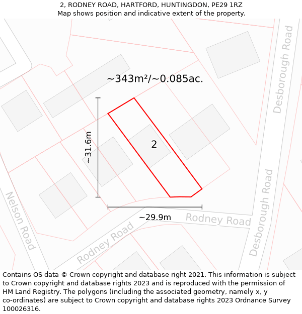 2, RODNEY ROAD, HARTFORD, HUNTINGDON, PE29 1RZ: Plot and title map