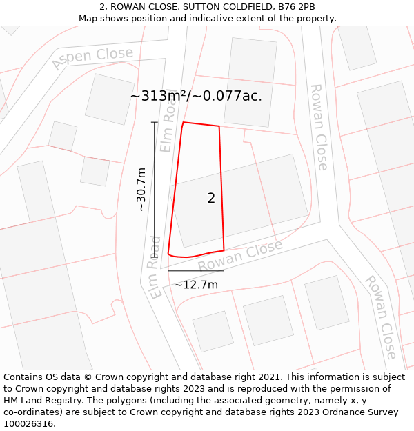 2, ROWAN CLOSE, SUTTON COLDFIELD, B76 2PB: Plot and title map