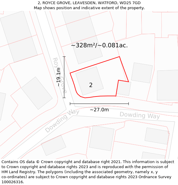 2, ROYCE GROVE, LEAVESDEN, WATFORD, WD25 7GD: Plot and title map