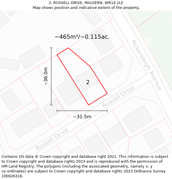 2, RUSSELL DRIVE, MALVERN, WR14 2LE: Plot and title map