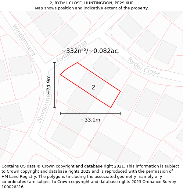 2, RYDAL CLOSE, HUNTINGDON, PE29 6UF: Plot and title map