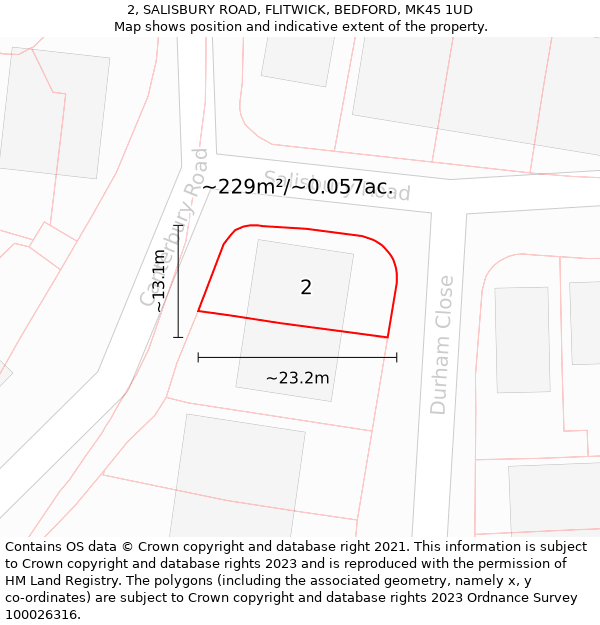 2, SALISBURY ROAD, FLITWICK, BEDFORD, MK45 1UD: Plot and title map