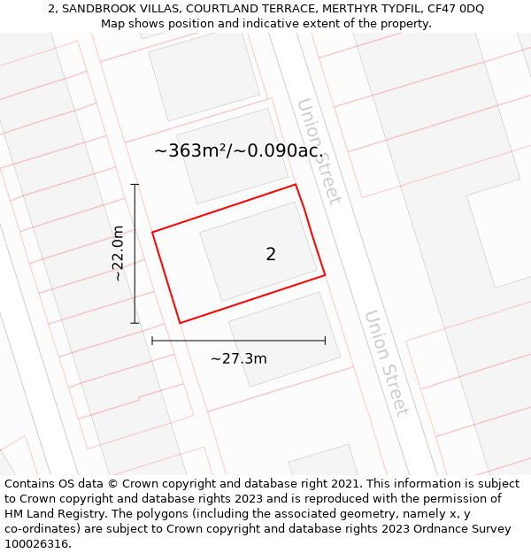 2, SANDBROOK VILLAS, COURTLAND TERRACE, MERTHYR TYDFIL, CF47 0DQ: Plot and title map